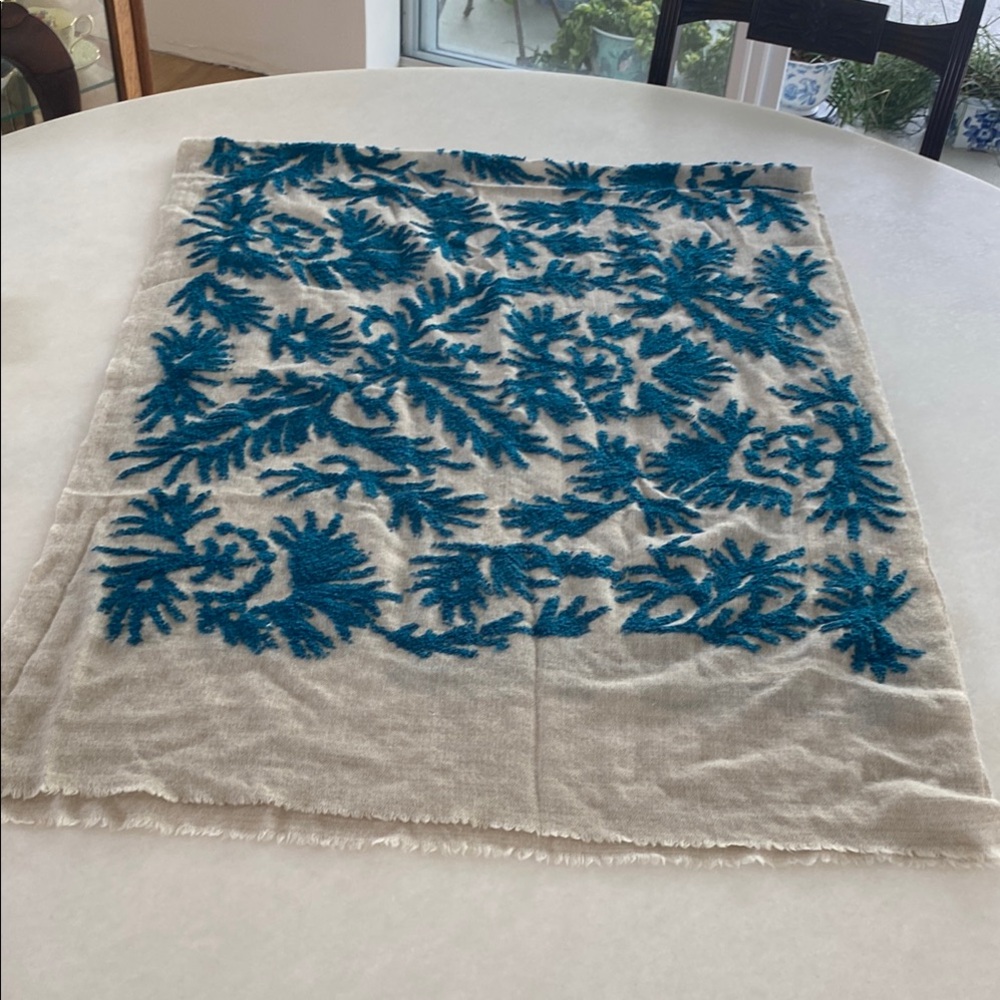 Large 100% Wool Cream Scarf with Blue Embroidery and Fringe